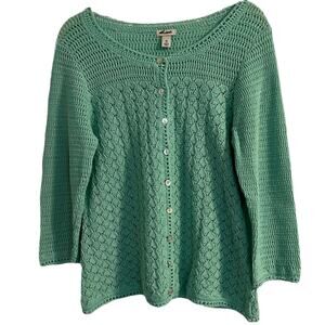 L.L Bean Sweater Women's Size Medium Petite Crochet Green 3/4 Sleeves